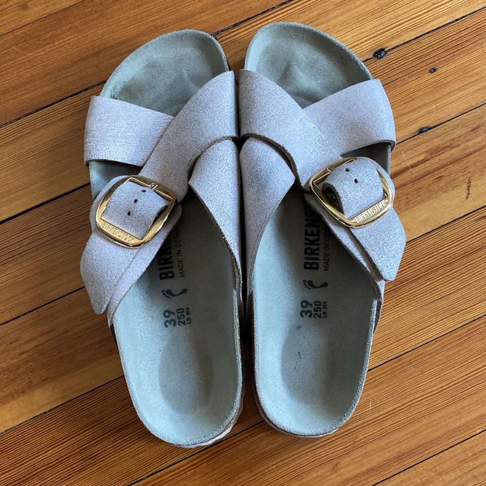 Birkenstock Siena Big Buckle Sandal EU39/US 8 in Shimmery Gold/Tan - Picture 1 of 15